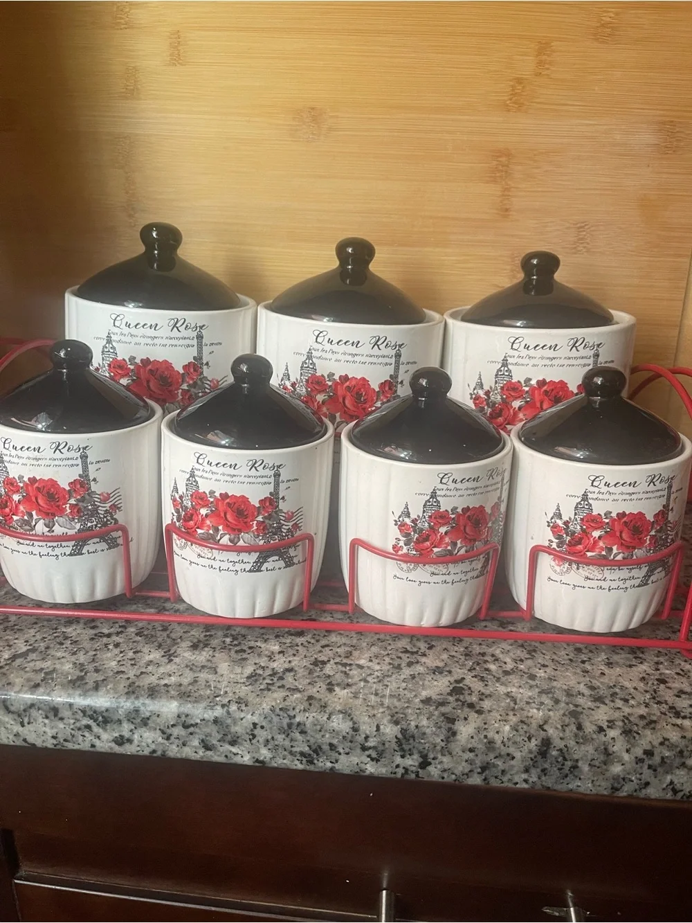 Ceramic  Canister Set with Red Rose Design 7-Piece